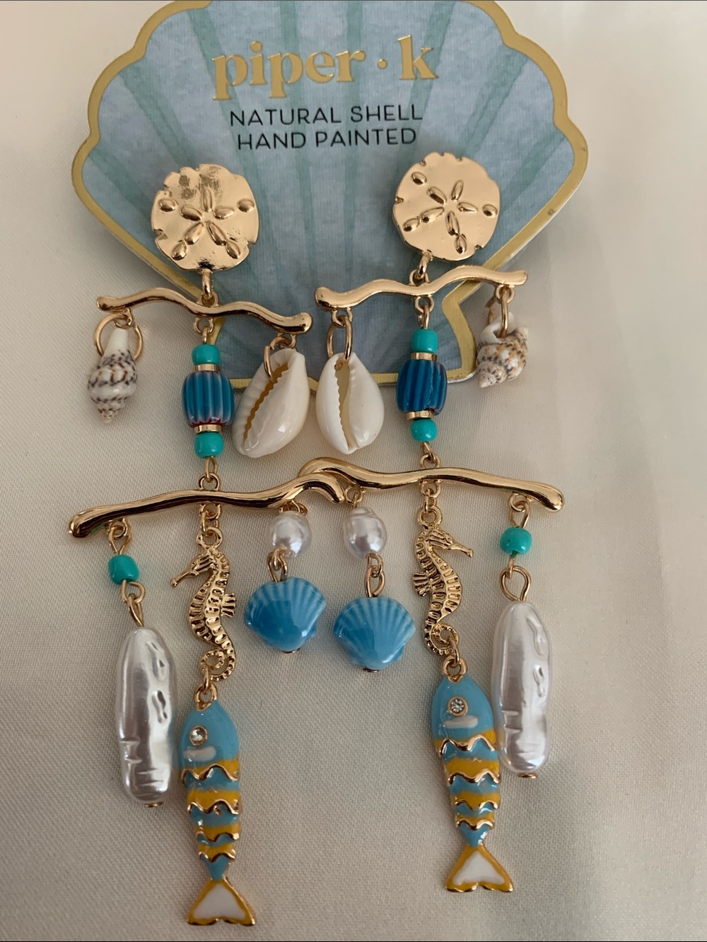 Piper•K Hand-Painted Shell & Sea Charm Earrings - Turquoise & Gold
